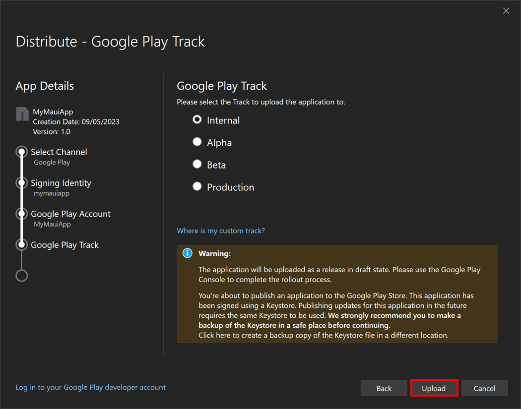 上传应用前选择 Google Play Track 的屏幕截图。