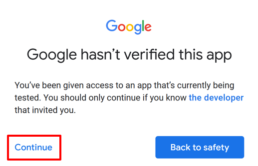 Google 登录的屏幕截图，指出该应用尚未验证。