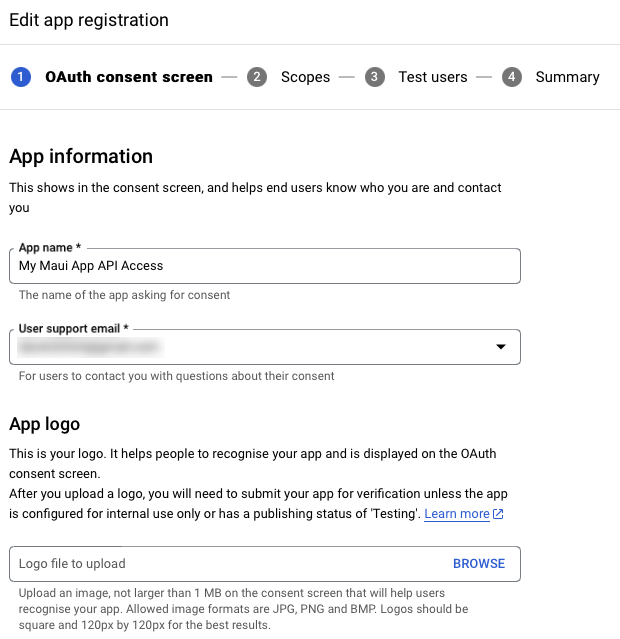 编辑 OAuth 许可屏幕应用注册数据的屏幕截图。