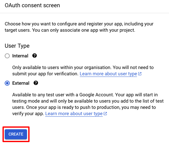 为 OAuth 许可屏幕选择用户类型的屏幕截图。
