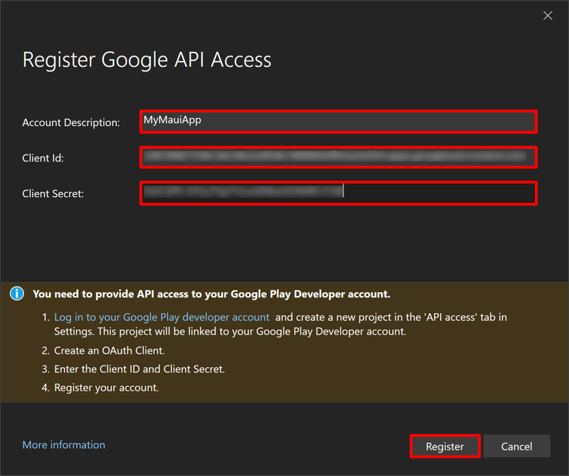 Visual Studio 中注册 OAuth 客户端 ID 和客户端密码的屏幕截图。