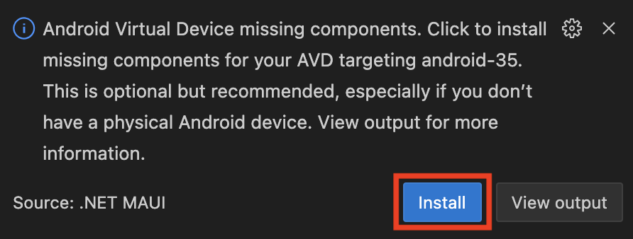 Visual Studio Code Android 虚拟设备安装弹出窗口的屏幕截图。