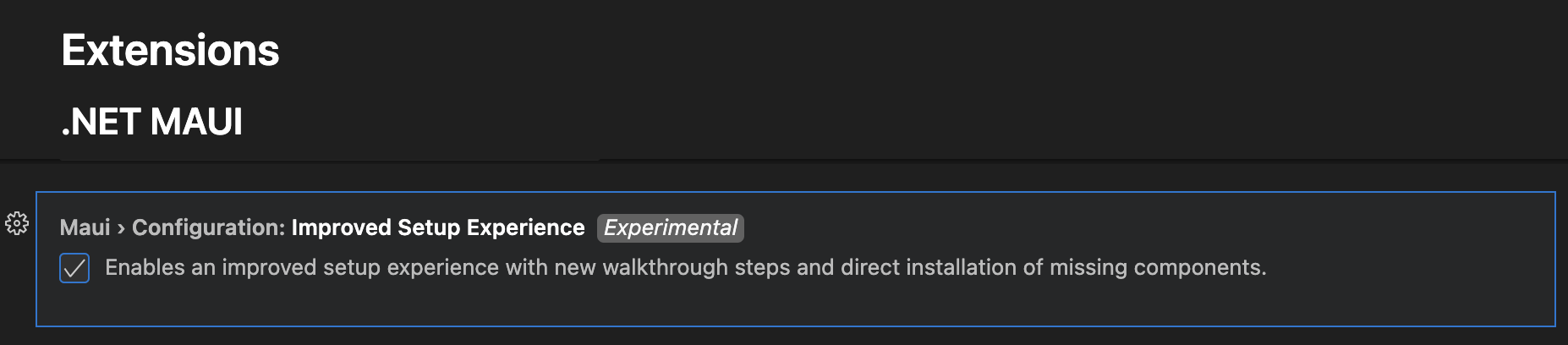 Visual Studio Code 改进的 dotnet maui 设置的实验性选项屏幕截图。