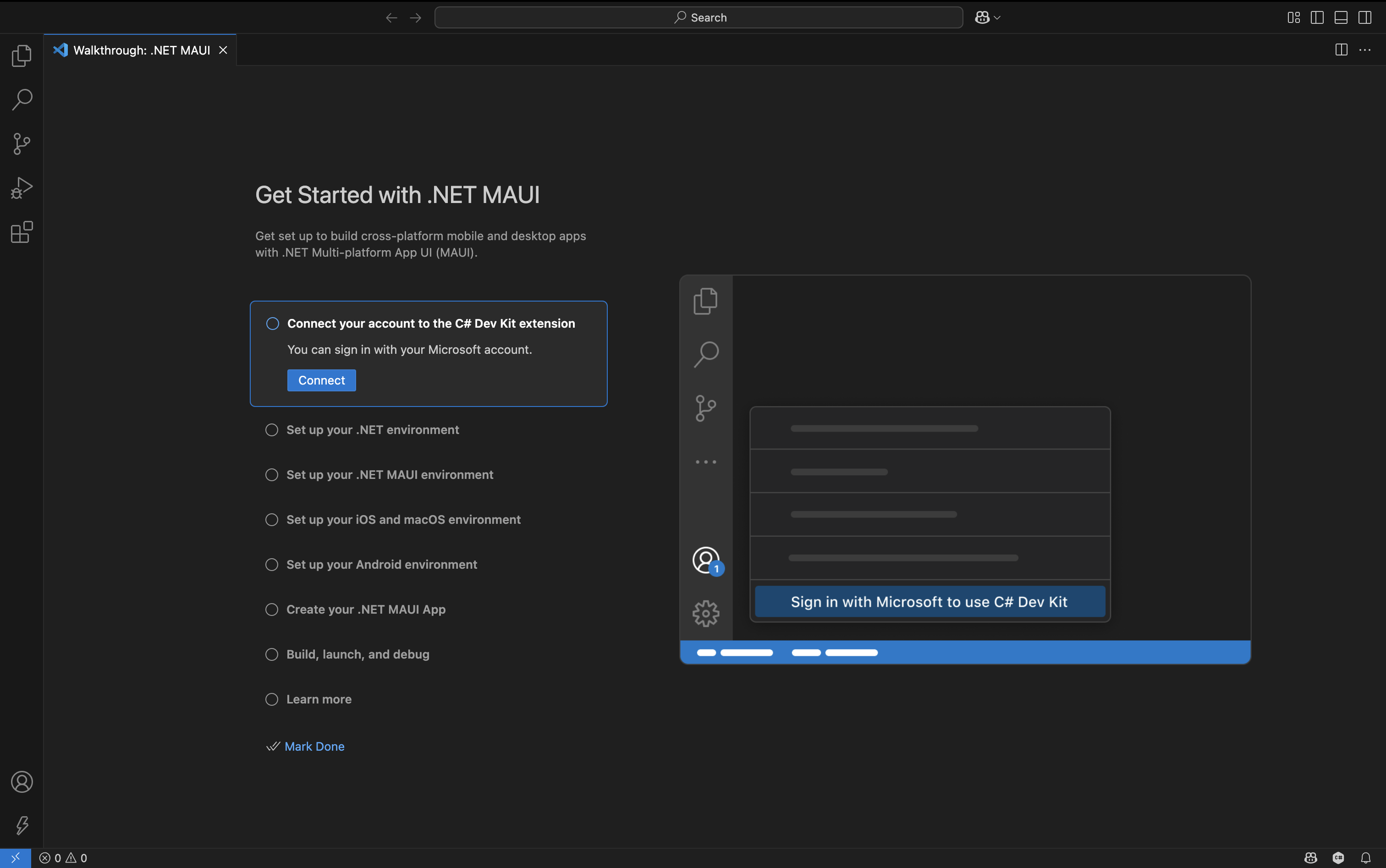 Visual Studio Code 扩展窗格中显示 .NET MAUI 指南的屏幕截图。