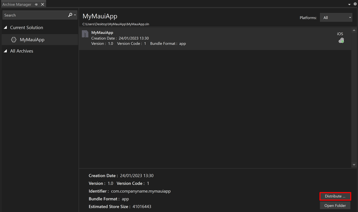 存档完成后 Visual Studio 中存档管理器的屏幕截图。