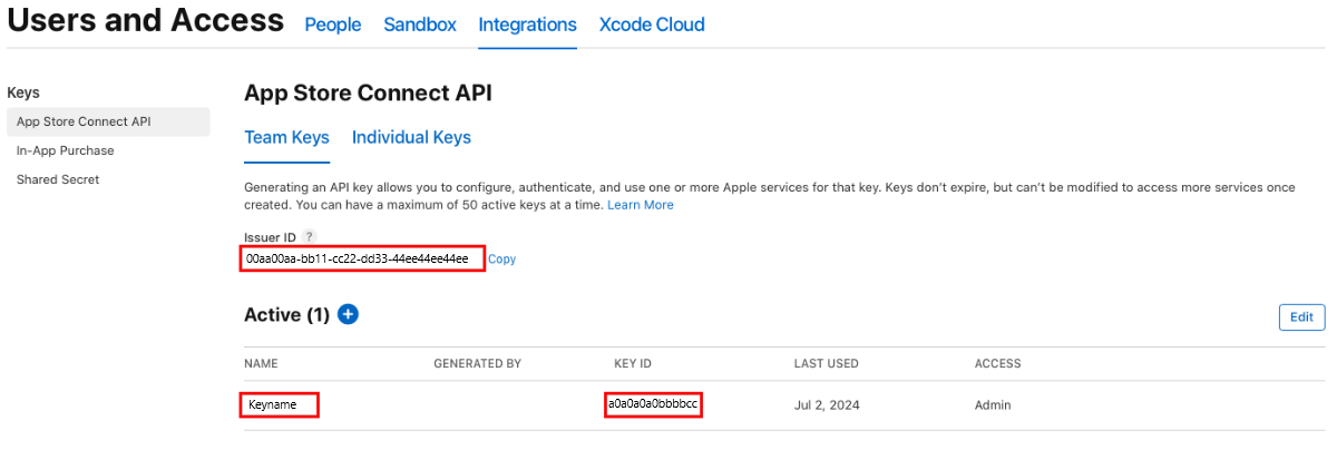 Apple App Store Connect API 详细信息的屏幕截图。