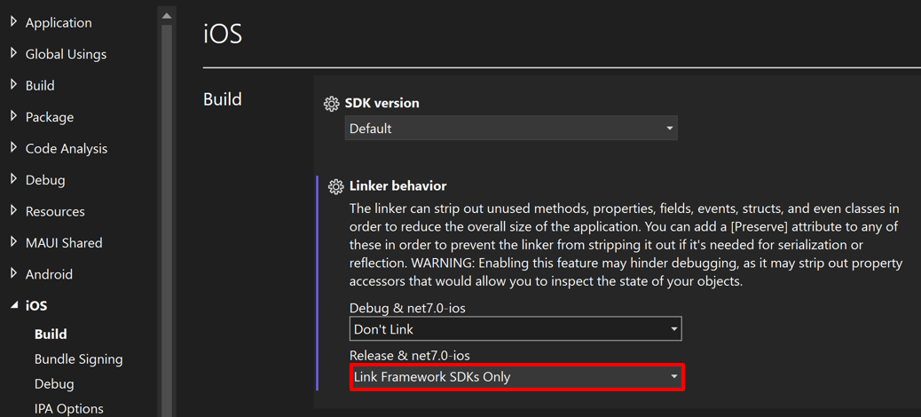 Visual Studio 中 iOS 链接器行为的屏幕截图。