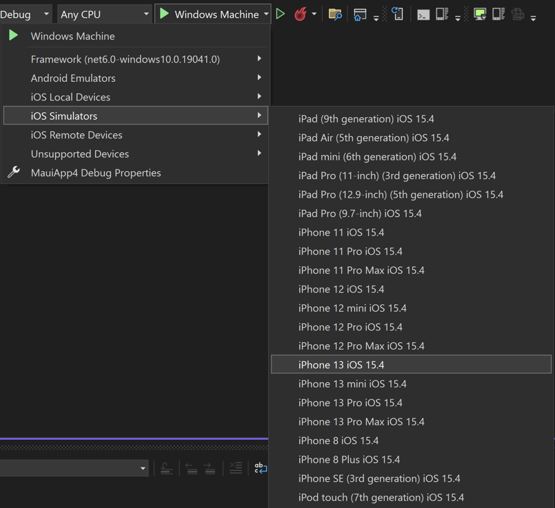 Visual Studio iOS 模拟器调试目标。