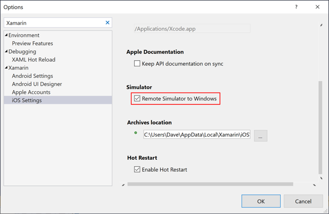 Visual Studio 复选框以启用 iOS 远程模拟器。