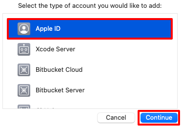 Xcode 选择要添加弹出窗口的帐户类型。