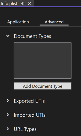 Visual Studio Info.plist 编辑器中高级选项卡的屏幕截图。