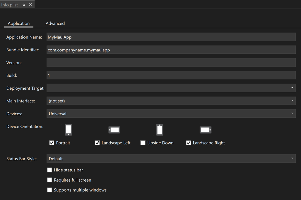 Visual Studio Info.plist 编辑器中应用程序选项卡的屏幕截图。