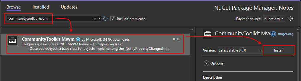 在 NuGet 中搜索 CommunityToolkit.Mvvm 包。