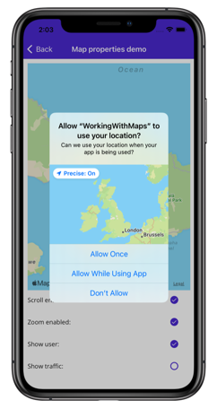 iOS 上的位置权限请求的屏幕截图。