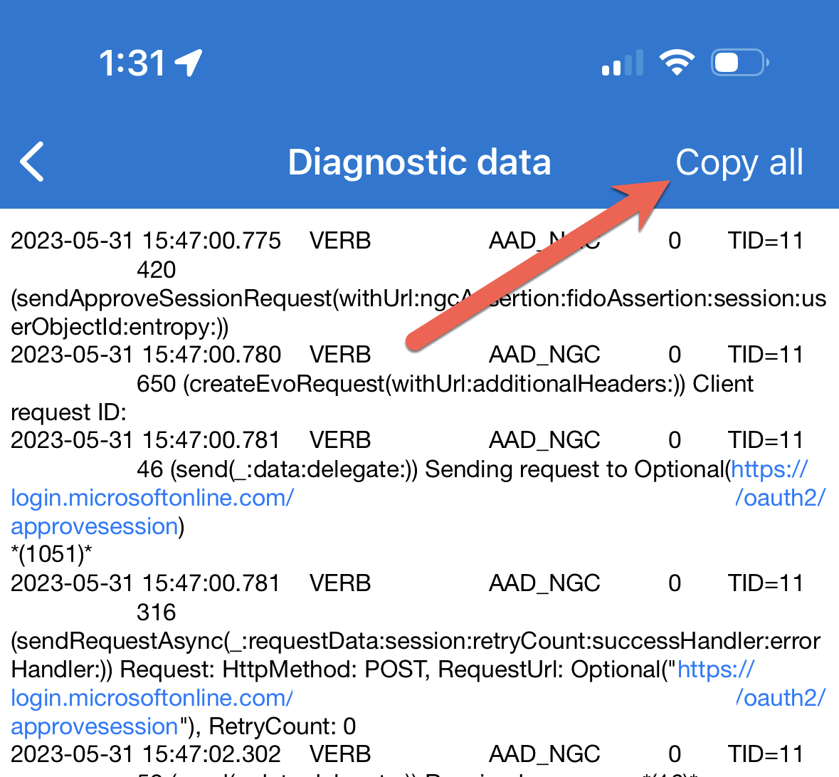 显示Microsoft Authenticator 应用中“复制所有日志”选项的屏幕截图。