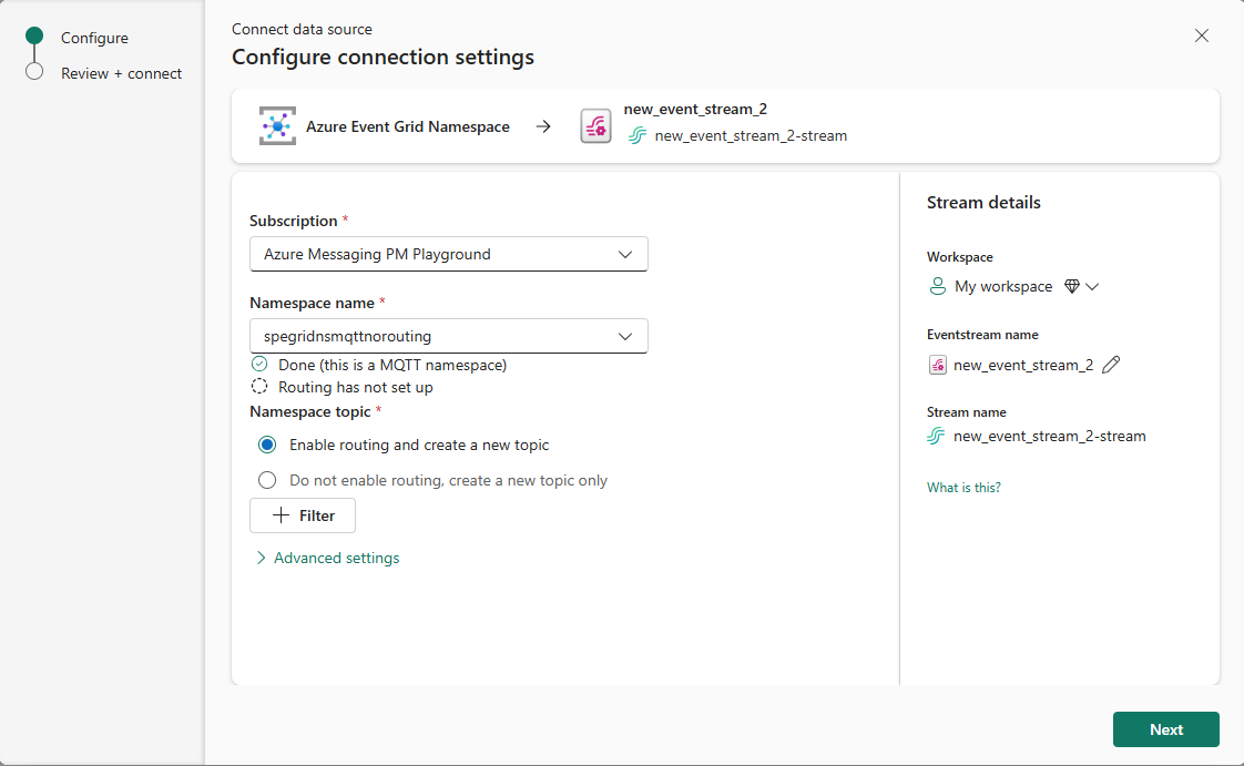 启用 MQTT 但未启用路由时 Azure 事件网格命名空间的配置设置的屏幕截图。