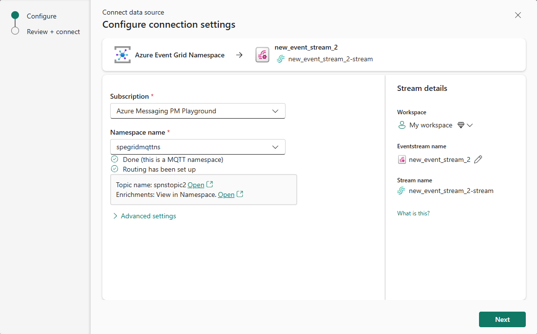 启用 MQTT 和路由时 Azure 事件网格命名空间的配置设置的屏幕截图。