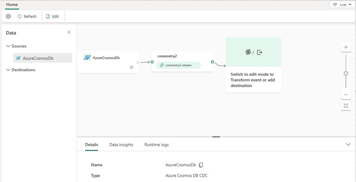 在实时视图中包含 Azure Cosmos DB 源的已发布事件流的屏幕截图。
