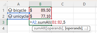 在 Excel 中输入 sumAll 方法传递可选范围 B1：B2 的屏幕截图。