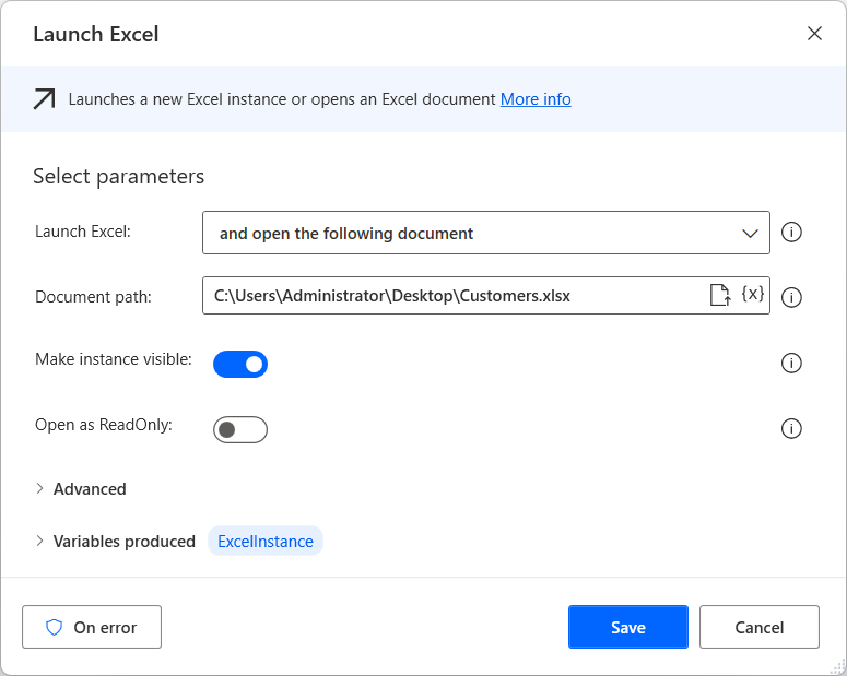 “启动 Excel”操作的屏幕截图。