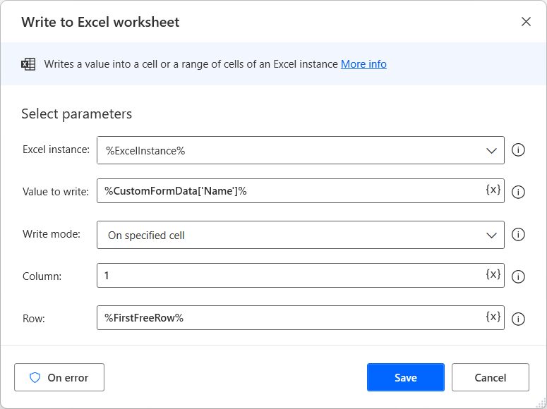 写入客户名字的“写入 Excel 工作表”操作的屏幕截图。