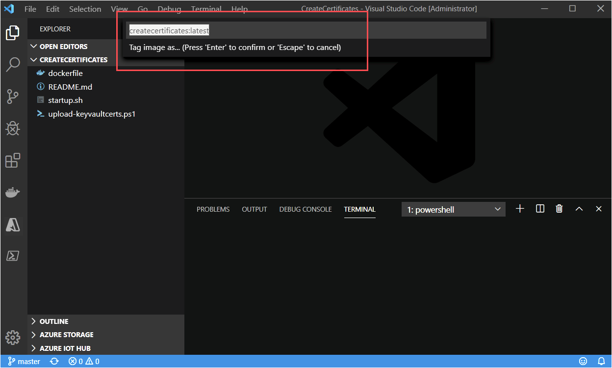 显示如何在 Visual Studio Code 中创建证书的屏幕截图。