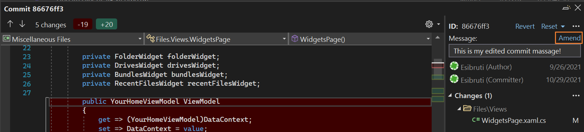 Screenshot of saving an edited message by selecting Amend.