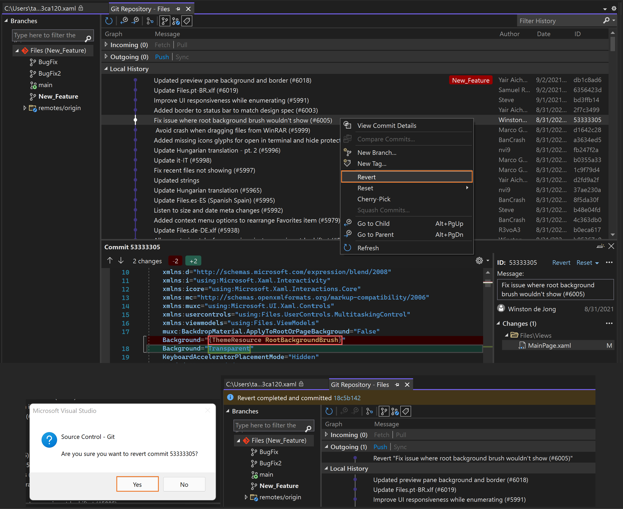 Screenshot of reverting in Visual Studio.