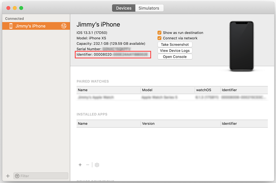 Xcode devices and simulator window with the iOS identifier string ___location highlighted.