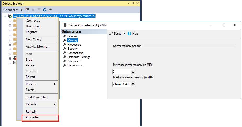 SSMS 中内存配置选项的屏幕截图。