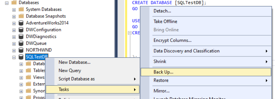 SQL Server Management Studio 进行备份的屏幕截图。