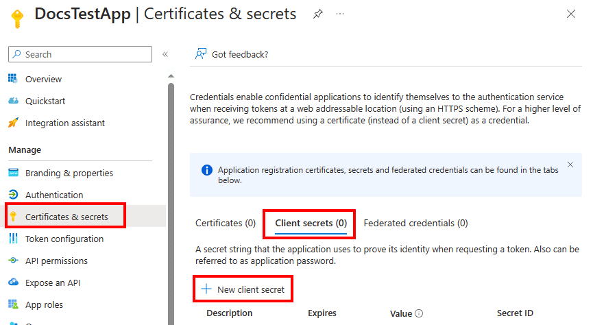 Azure 门户中应用的“证书和机密”窗格的屏幕截图。