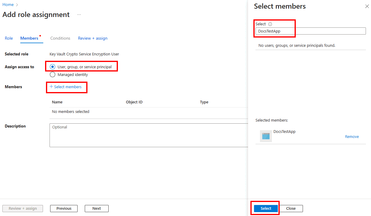 用于在 Azure 门户中添加角色分配的“选择成员”窗格的屏幕截图。