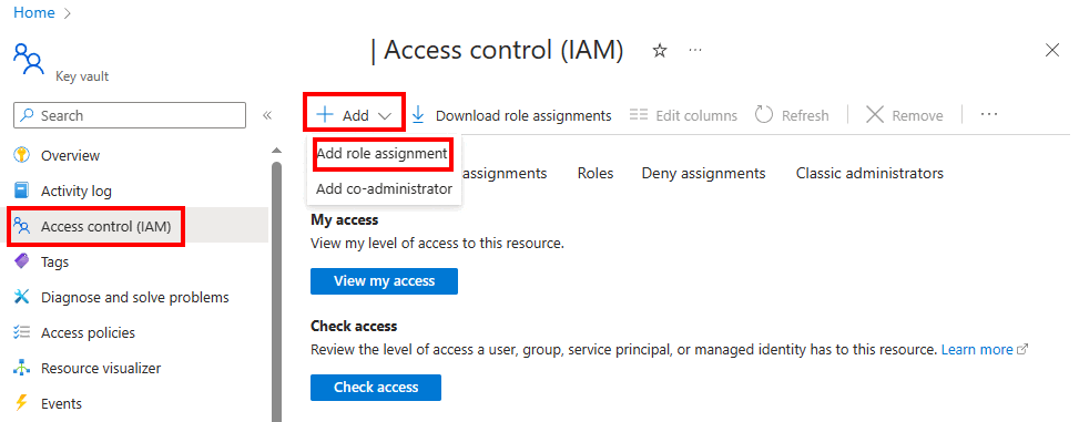 Azure 门户中“访问控制”（IAM）窗格中的“添加角色分配”按钮的屏幕截图。