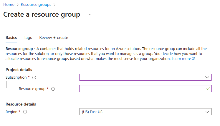 Azure 门户中“创建资源组”窗格的屏幕截图。