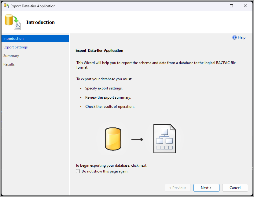 Screenshot of the export a data-tier application introduction page.