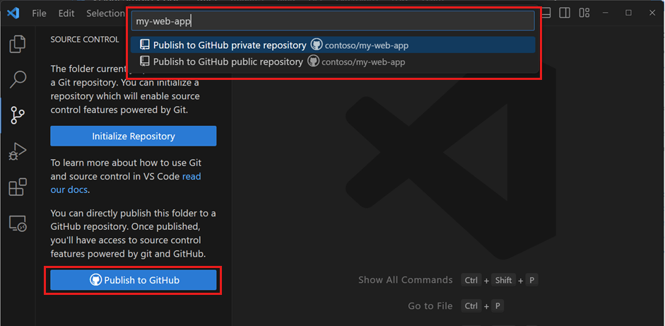 Visual Studio 中“创建 Git 存储库”对话框的屏幕截图，其中突出显示了 GitHub 选项。