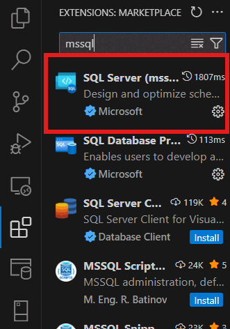 在 Visual Studio Code 中安装 MSSQL 扩展的屏幕截图。