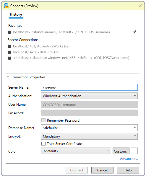 SQL Server 的新式连接对话框的屏幕截图。