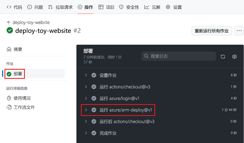 GitHub 界面的屏幕截图，其中显示了运行页，其中突出显示了部署作业。