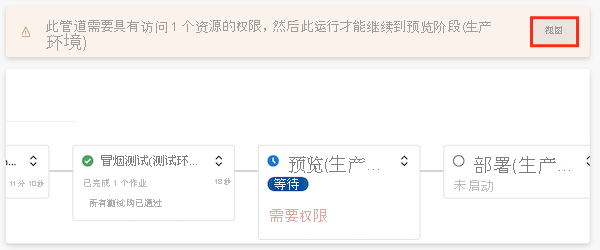 Azure DevOps 的屏幕截图，其中显示了在部署阶段暂停的管道运行。需要权限才能继续。突出显示了“视图”按钮。