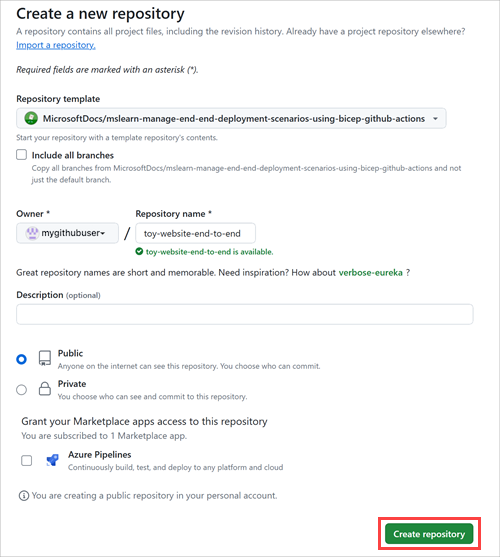 GitHub 界面的屏幕截图，其中显示了存储库创建页面。