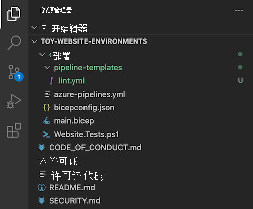 Visual Studio Code Explorer 的屏幕截图，其中包含管道模板文件夹和 lint dot Y M L 文件。