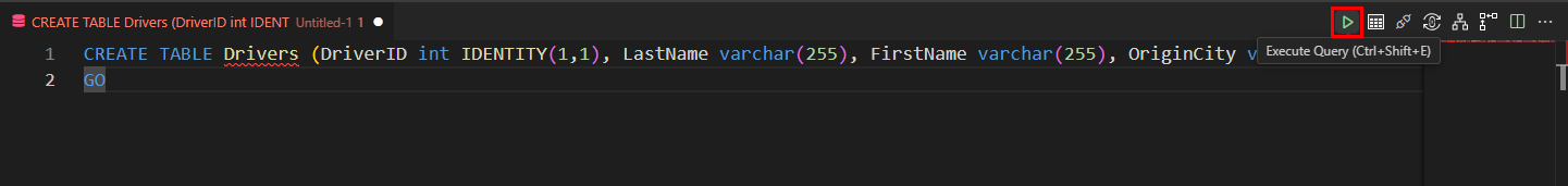 “新建查询”窗口的屏幕截图，其中显示了针对 Drivers 表的 T-SQL 命令。突出显示了“执行”按钮。