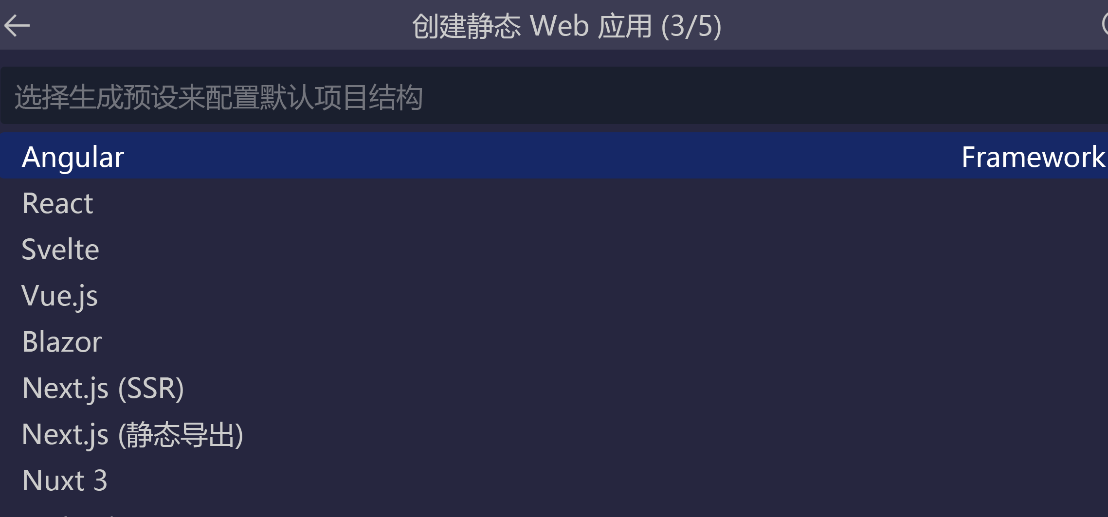 显示所选 angular 选项的屏幕截图。