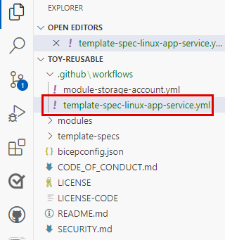 Visual Studio Code 的屏幕截图，其中显示了工作流定义文件的位置。
