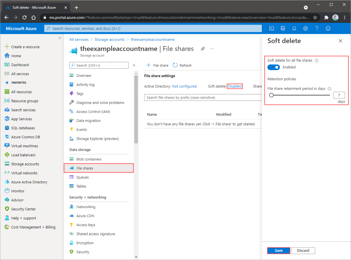 说明如何在 Azure 文件共享上启用软删除的插图。