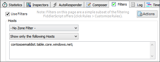 屏幕截图，其中显示了只捕获发送到 contosoemaildist.table.core.windows.net 存储终结点流量的筛选器。