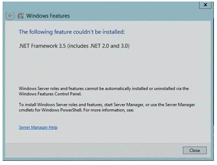 完整服务器上的 .Net Framework 3.5 安装错误消息的屏幕截图：无法安装以下功能。
