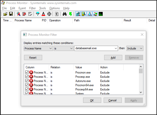 显示已筛选database.exe的 procmon 工具的屏幕截图。